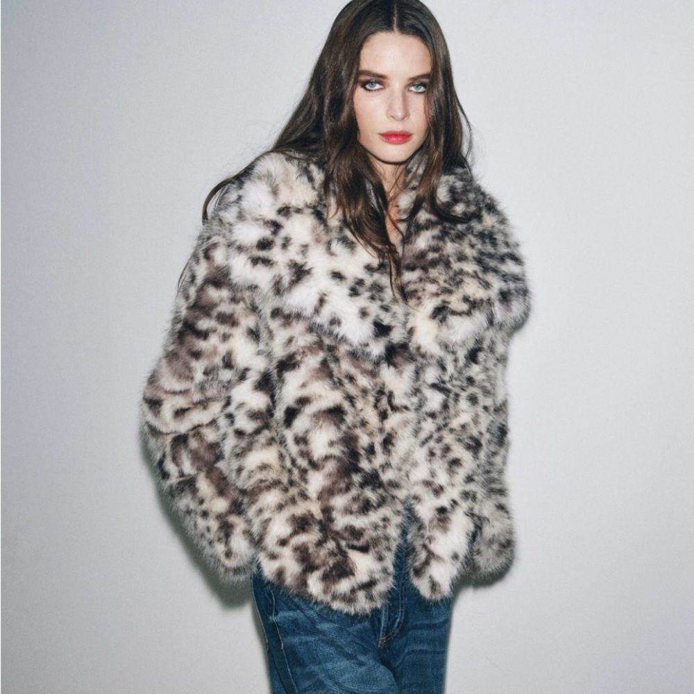 Zara Short Faux Fur Animal Print Jacket Coat NWT Small Tan Brown Black White